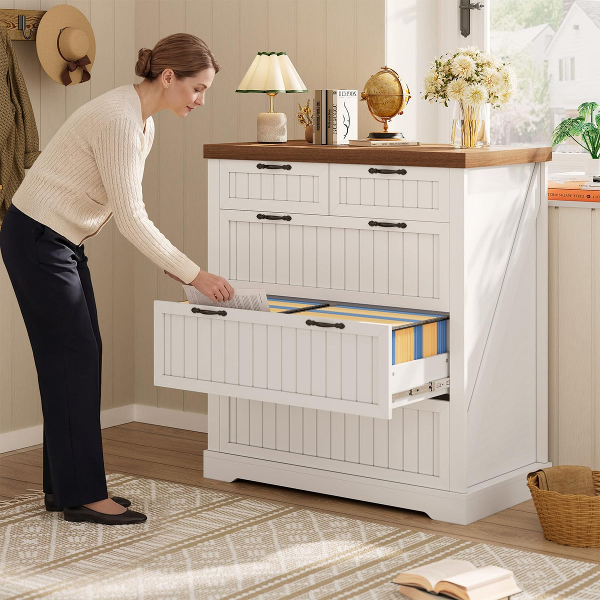 White and Brown 5 Drawer Wood File Cabinet Z506