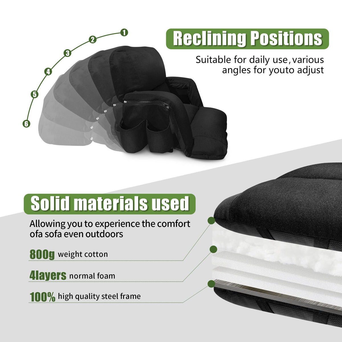 Extra Wide Folding Stadium Chairs with Back and Cushion, 6 Reclining Positions, Black V7546