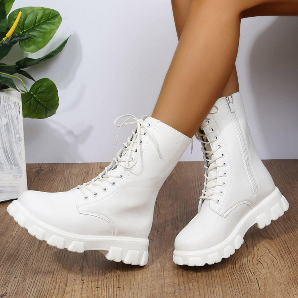 Women's Lace Up Chunky Mid Calf Boots Q53891