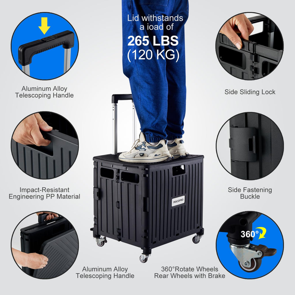 Folding Utility Cart Rolling Crate Handcart with Lid Black P6808