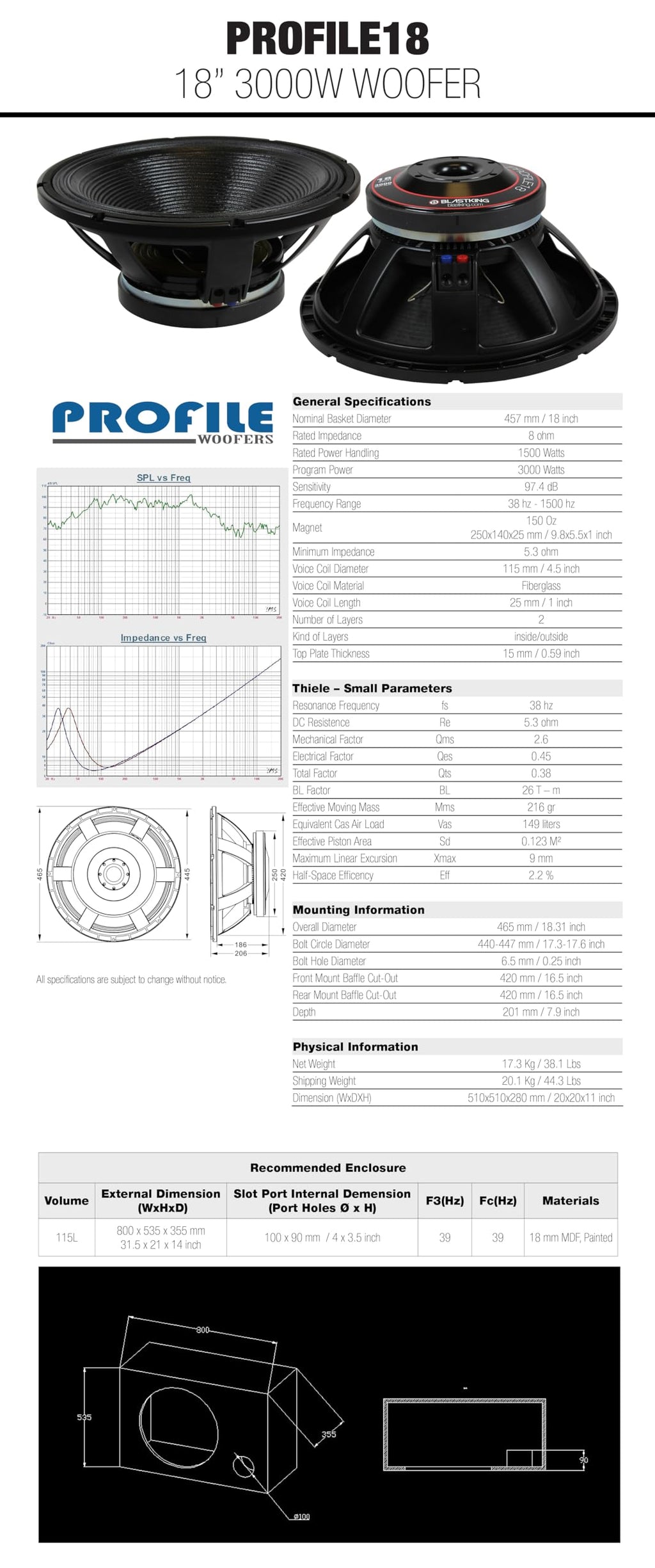 18" 3000W High Output Woofer 4.5" Voice Coil 8 Ω 97.4 dB Q3208