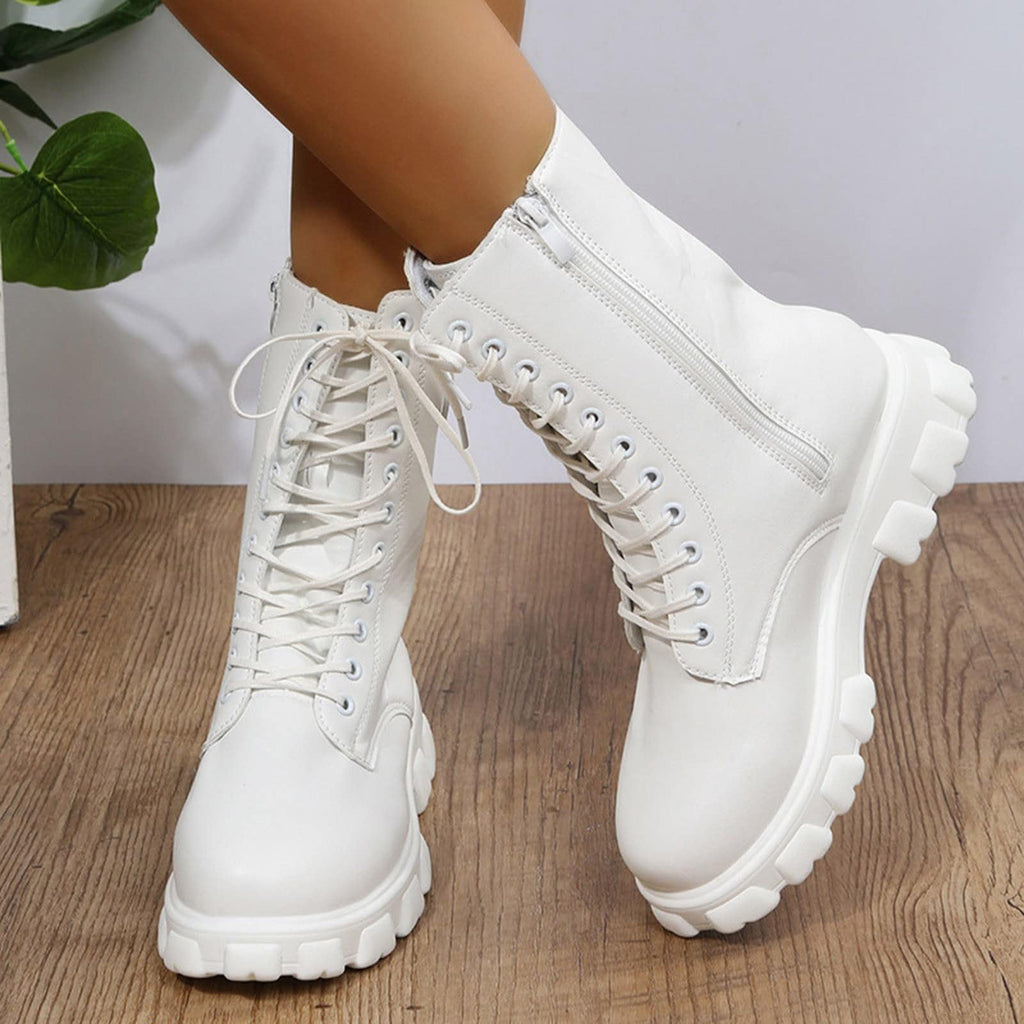 Women's Lace Up Chunky Mid Calf Boots Q53891