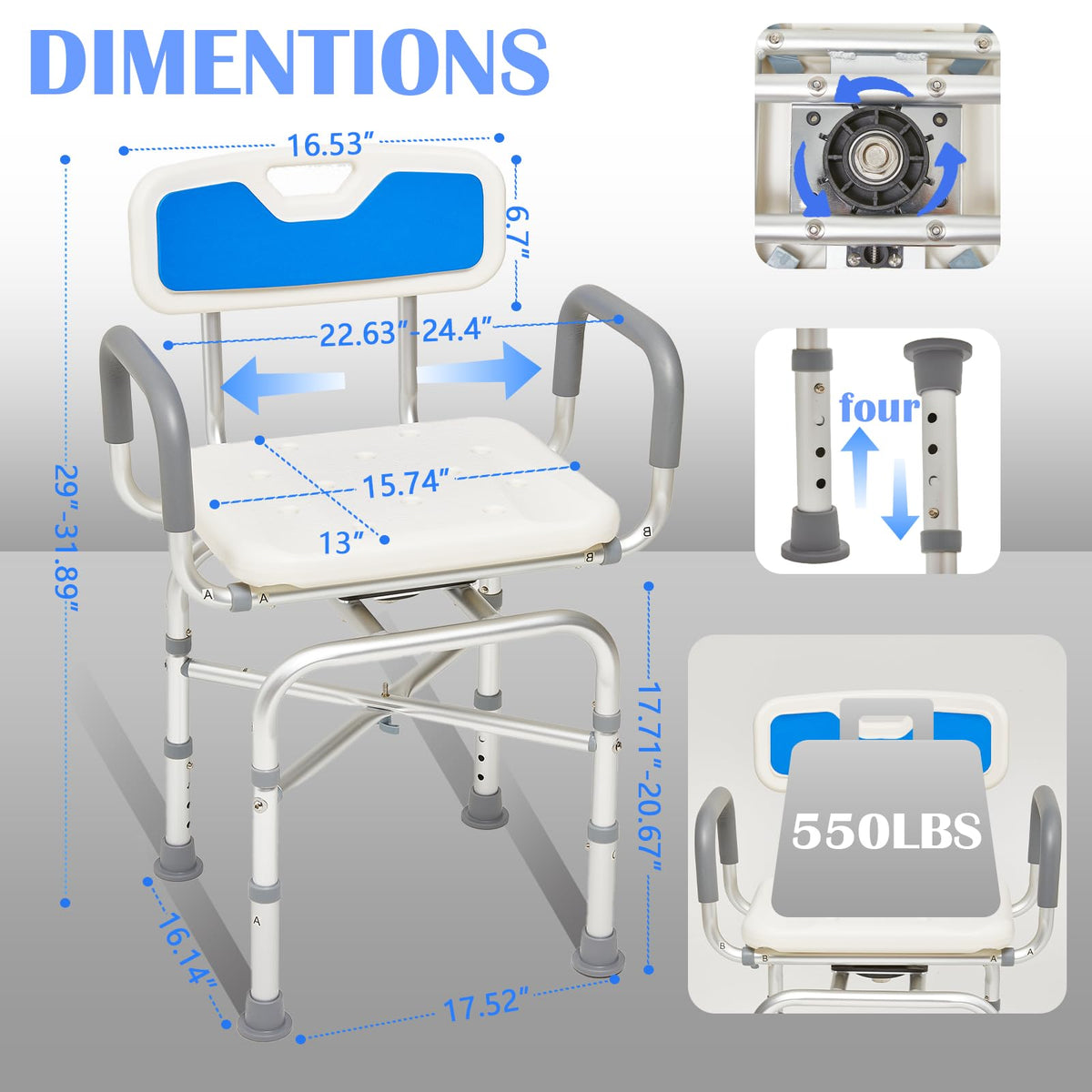 2-Level Width Adjustable 360° Heavy Duty Swivel Shower Chair with Arms and Back E1625