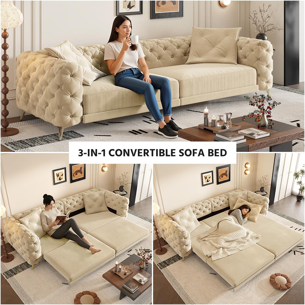 98" King Size Velvet Convertible Sofa Bed with Ottoman J587513