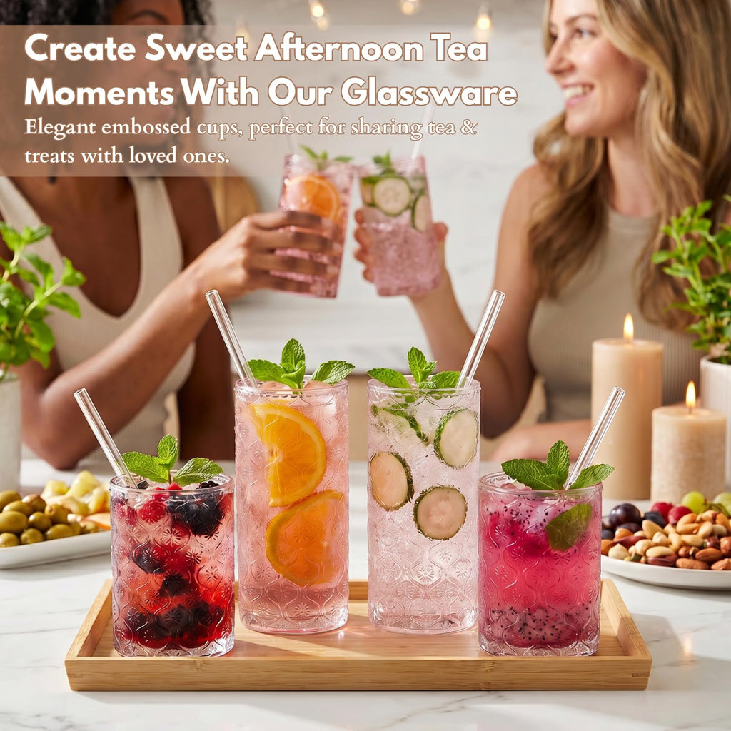 Pink Floral Embossed 12 Oz Highball & 10 Oz Cocktail Glasses Set of 8 with Straws E419797