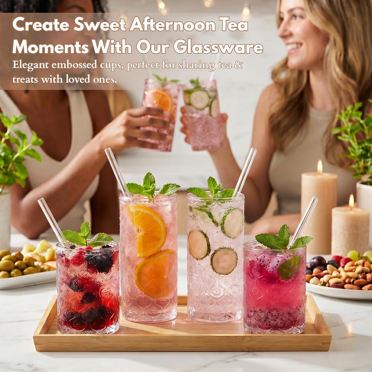Pink Floral Embossed 12 Oz Highball & 10 Oz Cocktail Glasses Set of 8 with Straws E419797