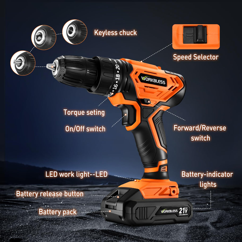 Cordless Drill, 20+1 Torque, 2 Speed, 3/8" Electric Screwdriver with 28pcs Drill Bits Set O325