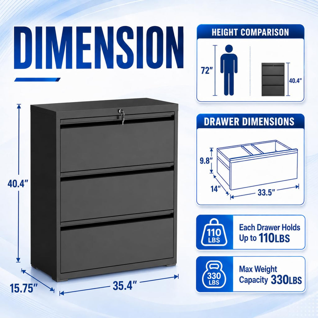 Black 3 Drawer Metal File Cabinet with Lock A16058