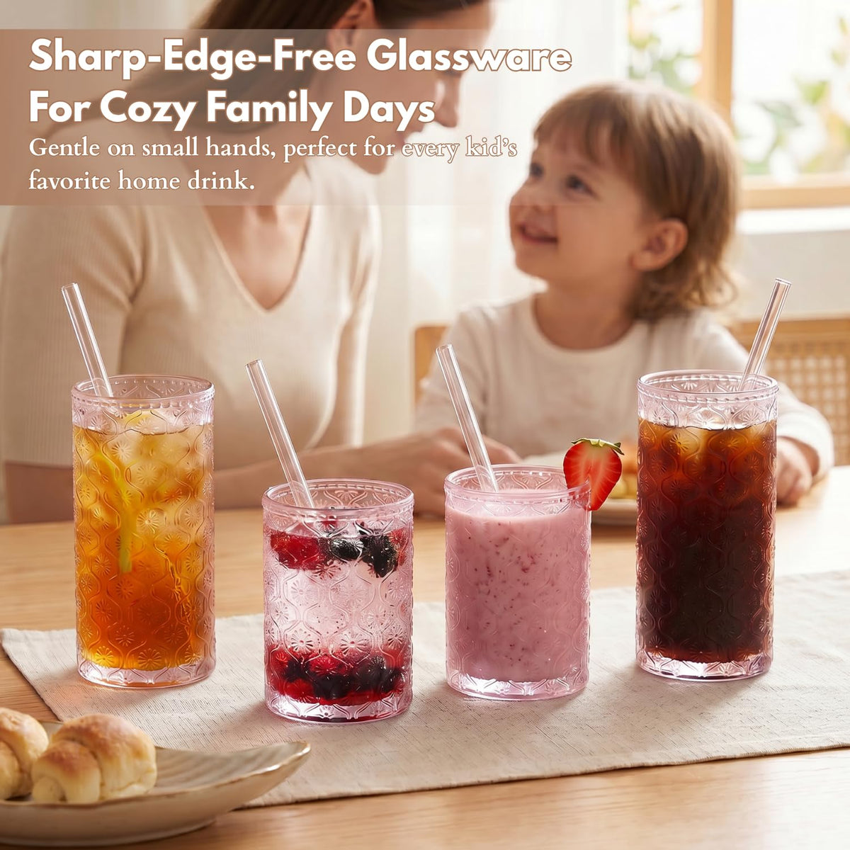 Pink Floral Embossed 12 Oz Highball & 10 Oz Cocktail Glasses Set of 8 with Straws E419797