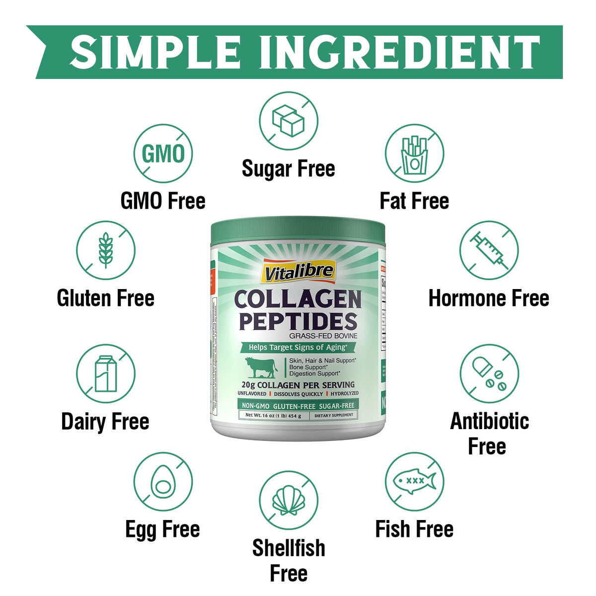 Bovine Collagen Peptides Powder, Hydrolyzed Type I & III, Unflavored, 16oz Y2548