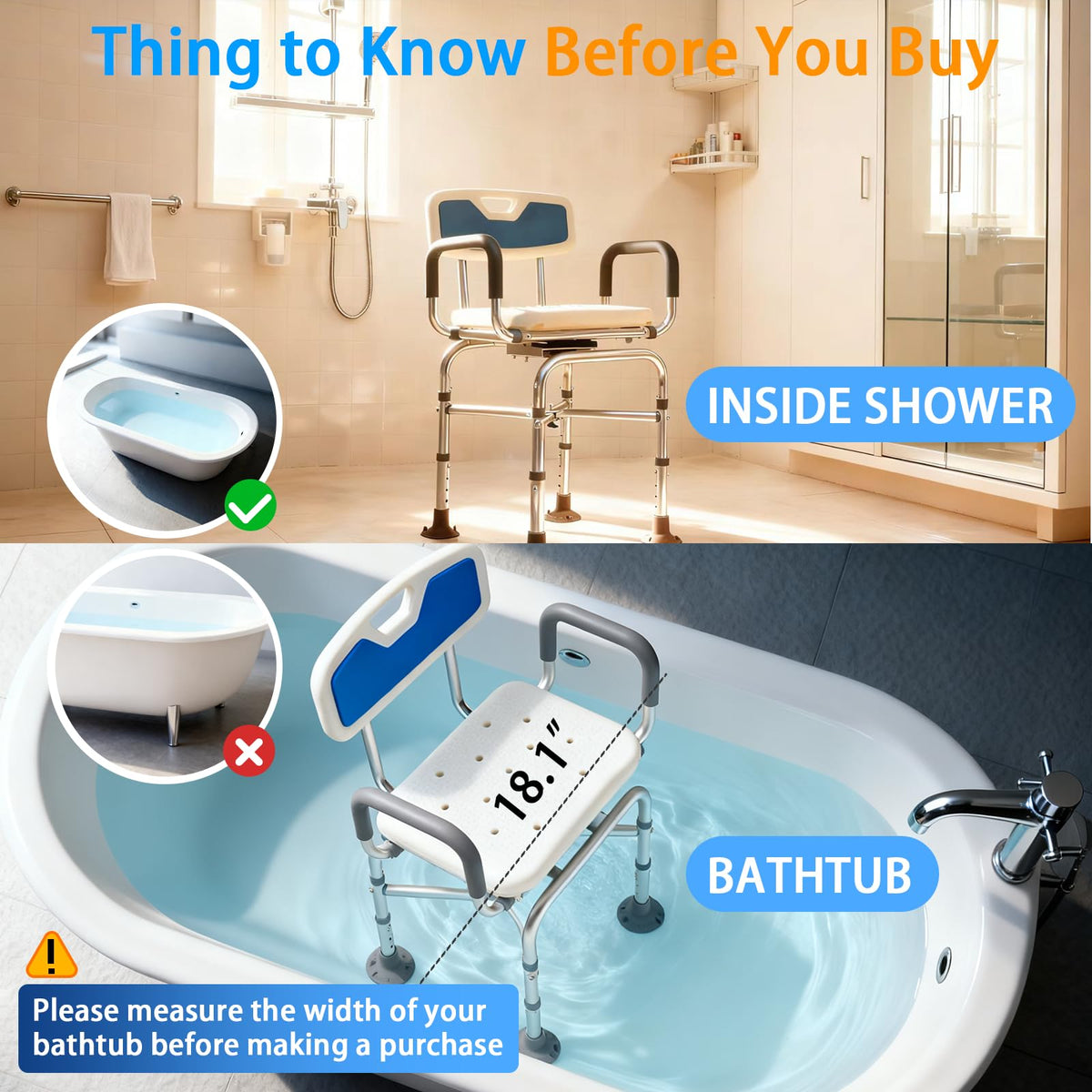 2-Level Width Adjustable 360° Heavy Duty Swivel Shower Chair with Arms and Back E1625