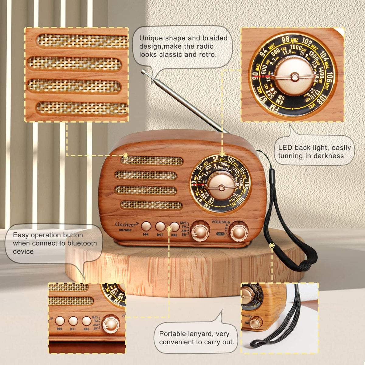 Portable Vintage Retro Bluetooth Speaker Radio with FM/AM/SW Bands G7232