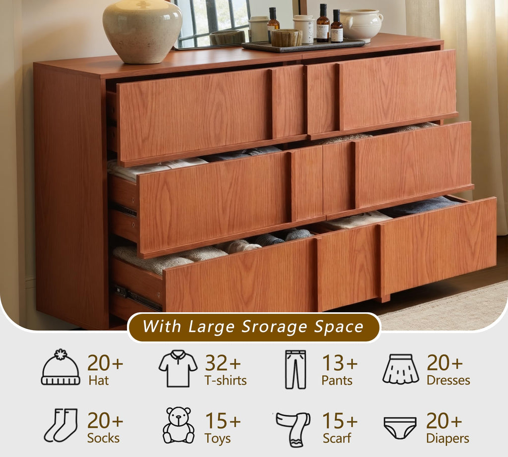 47" Wide 6 Drawer Dresser and Nightstand Set 3 Piece, Cherry N2676
