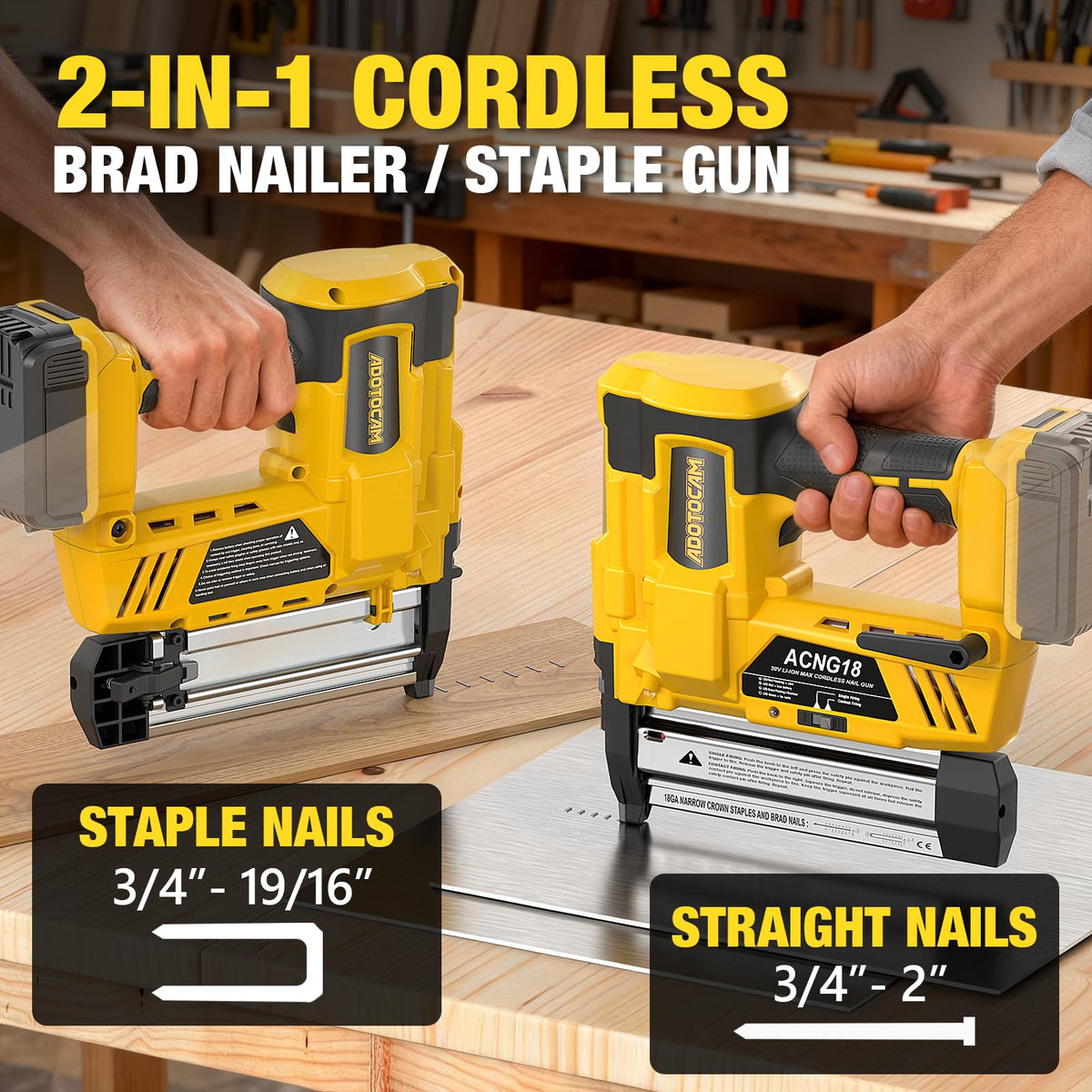 Cordless 2" Brad Nailer, 2 in 1 Electric Nail Gun/Staple Gun, 18GA Battery Powered A6023