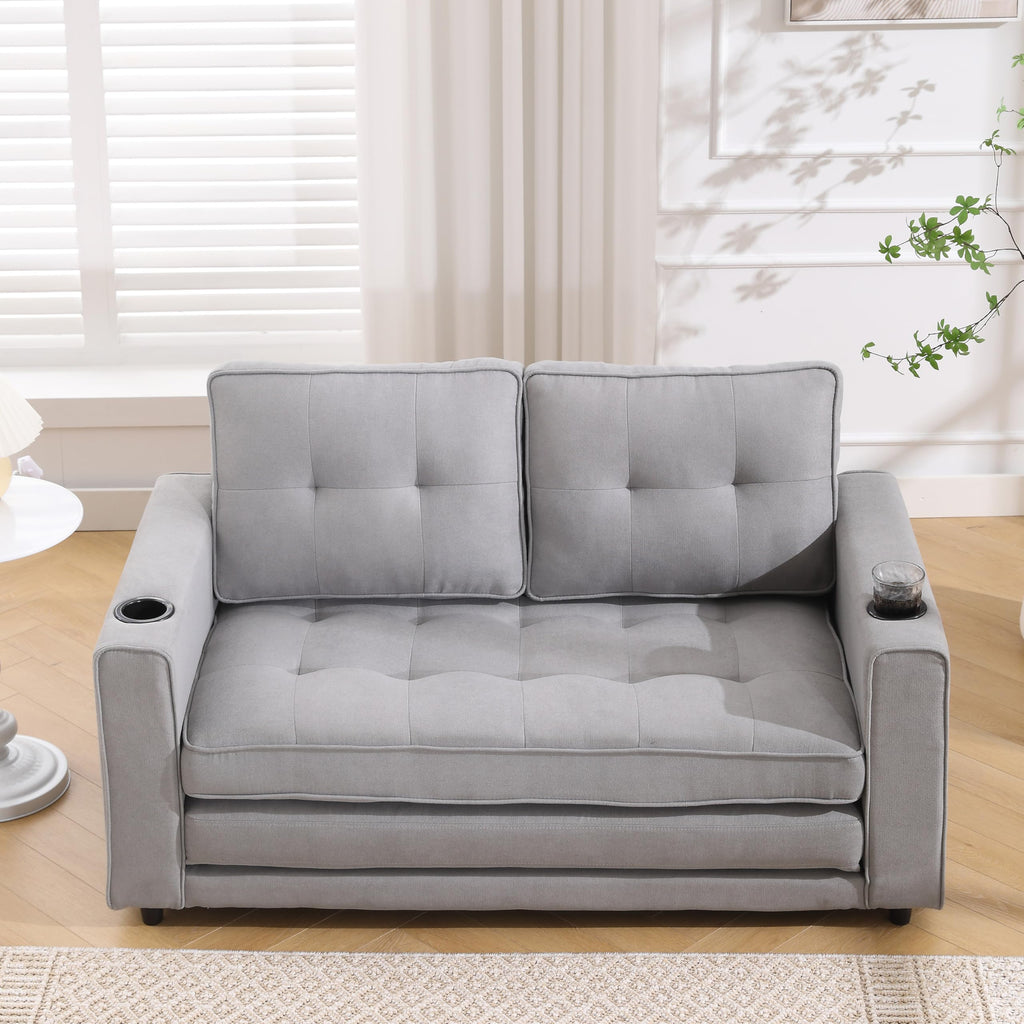 Light Gray Convertible Futon Sofa Bed with Cup Holder U3147