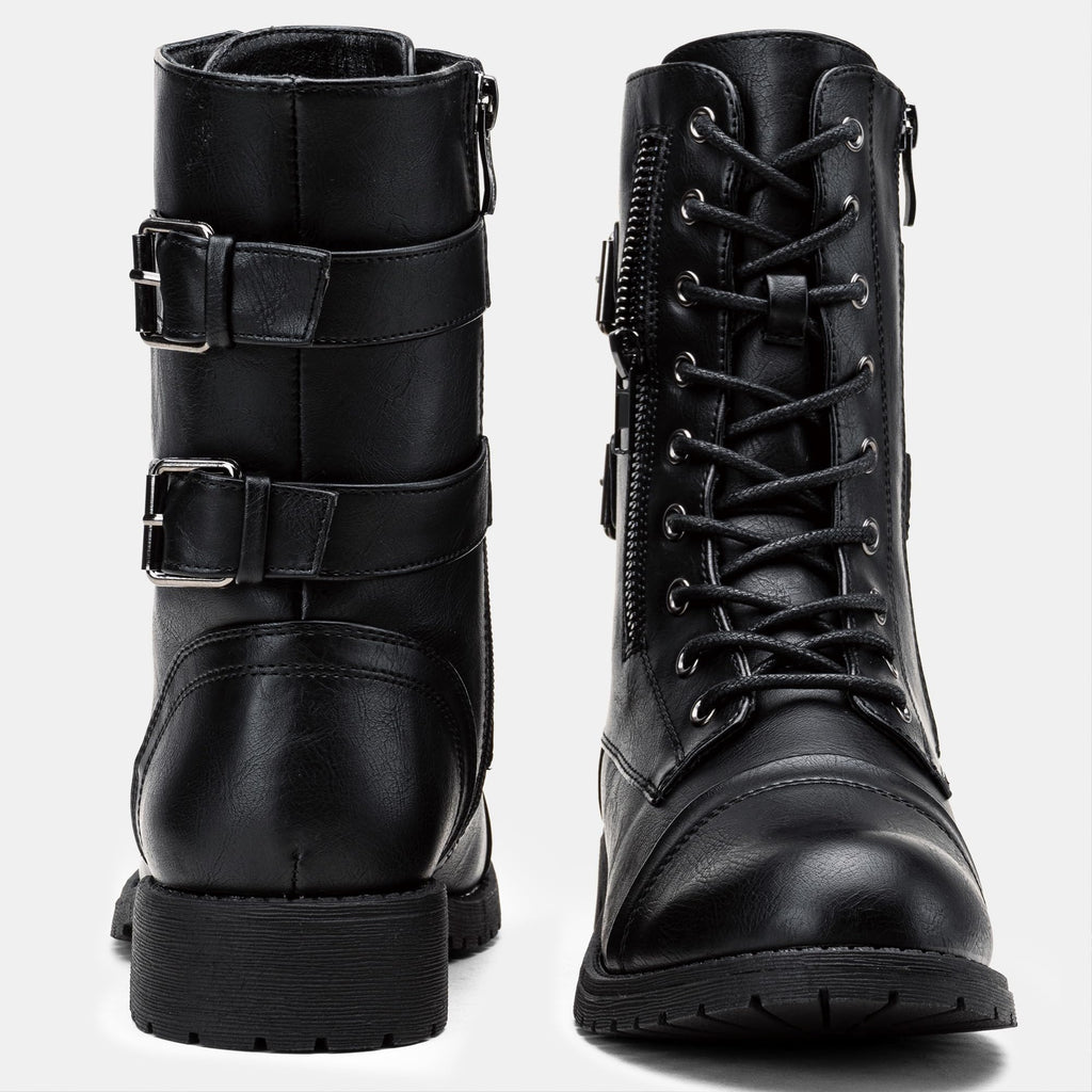 Women's Lace Up Mid Calf Combat Boots with Pocket F16654