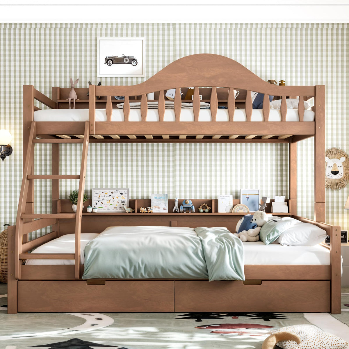 Twin Over Full Size Wooden Bunk Bed with Drawers & Ladder G13175