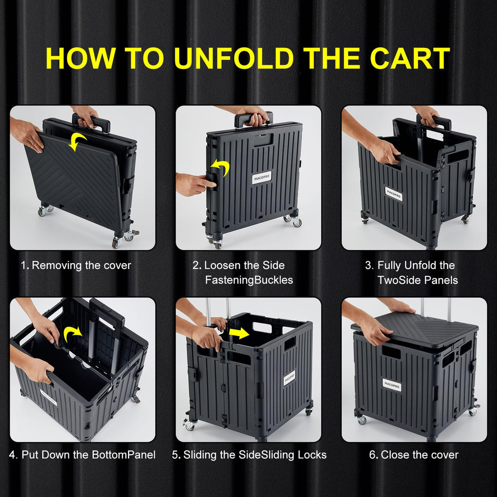 Folding Utility Cart Rolling Crate Handcart with Lid Black P6808