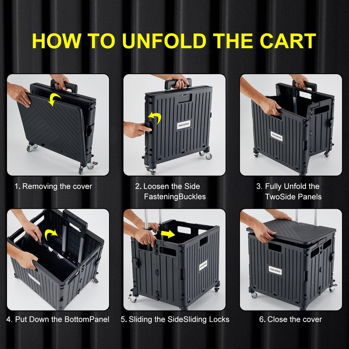 Folding Utility Cart Rolling Crate Handcart with Lid Black P6808