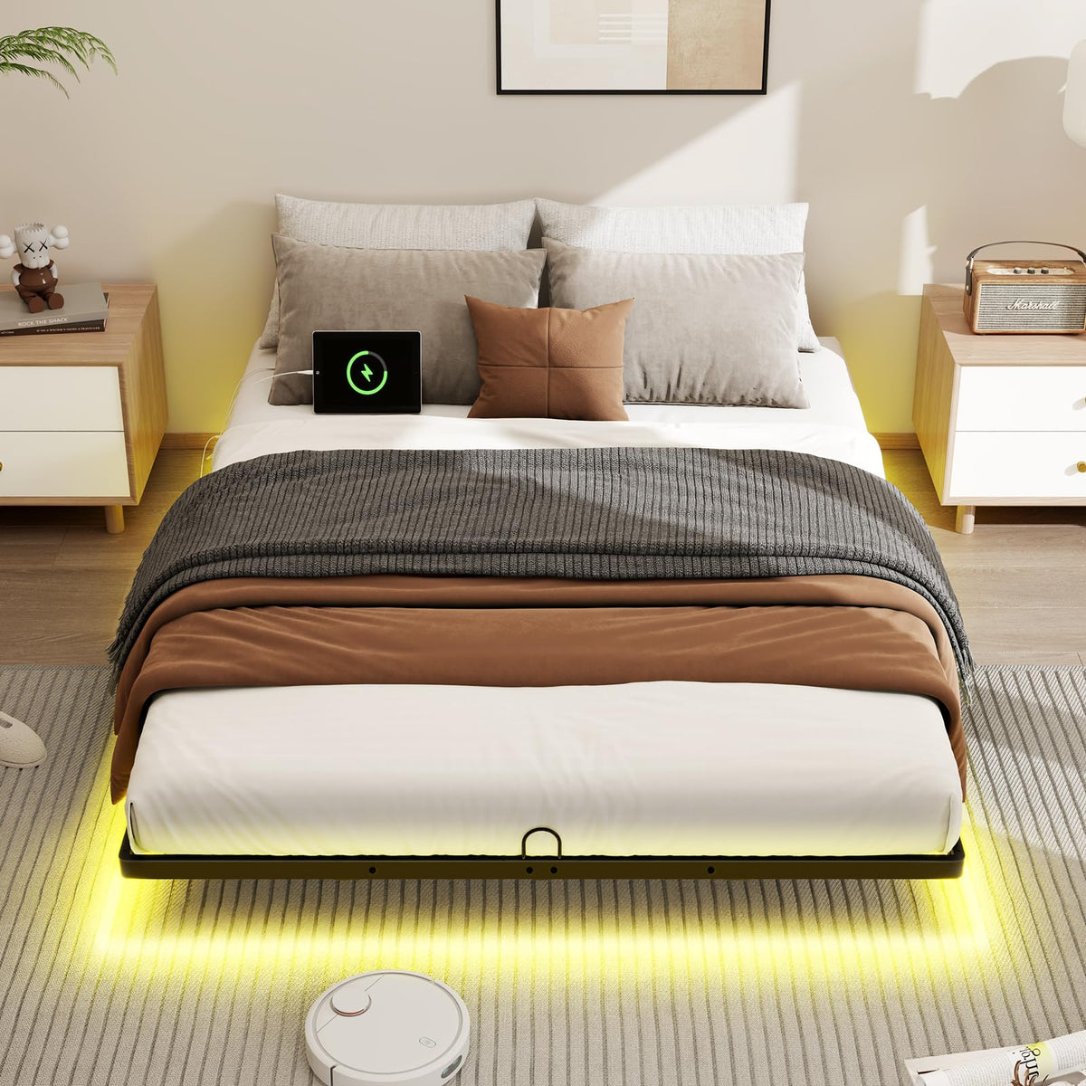 Full Size Metal Platform Bed Frame with LED Lights & Charging Station O14572