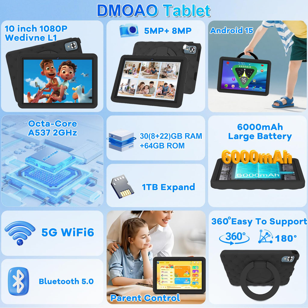 10.1 Inch Kids Tablet 64GB ROM Octa-Core Anti-Blue Light Screen Black K14313