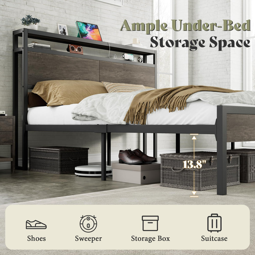 Full Size Metal Bed Frame with Charging Station K849
