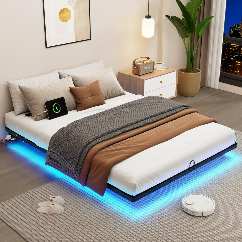 Full Size Metal Platform Bed Frame with LED Lights & Charging Station O14572