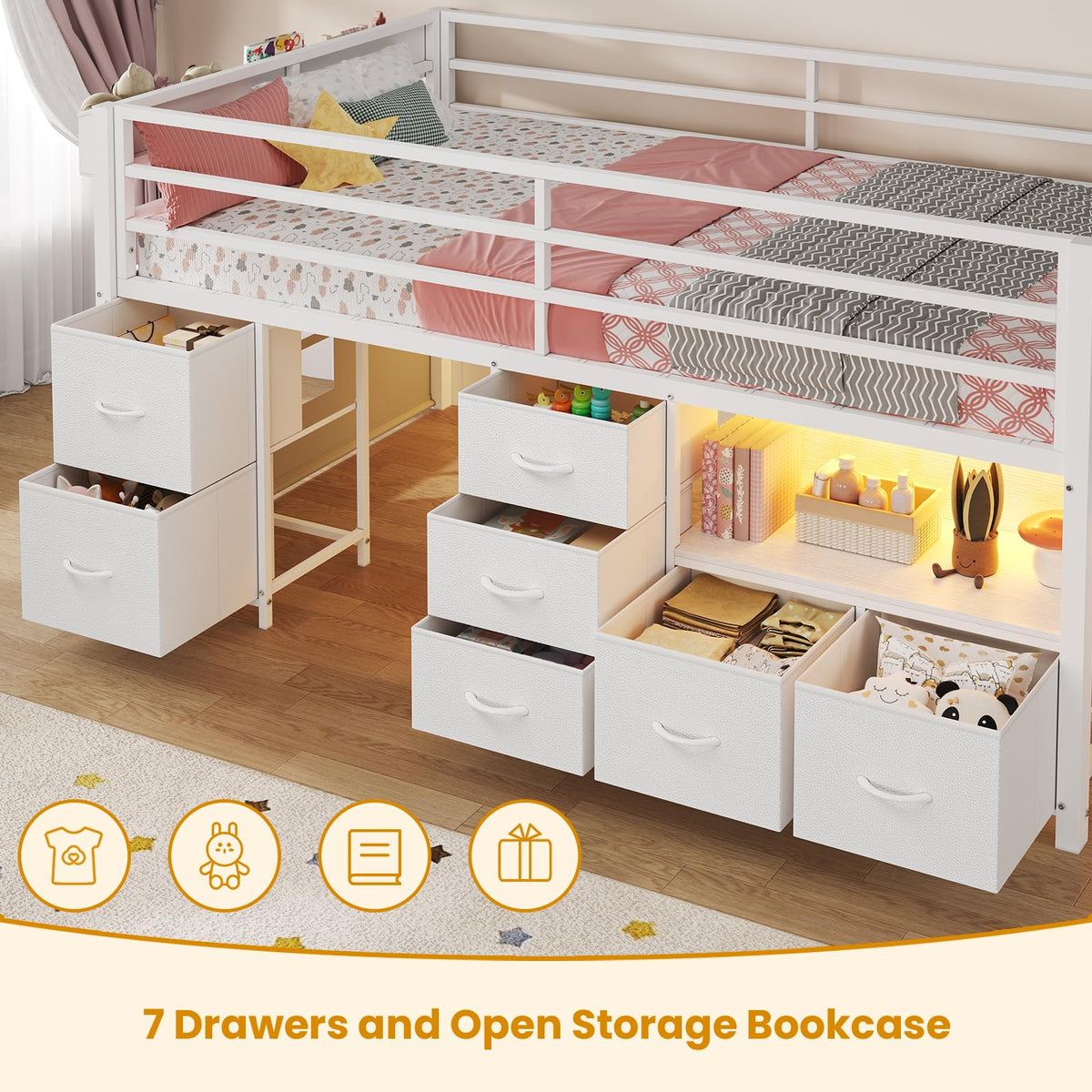 Twin Size Low Loft Bed with 7 Drawers U36499