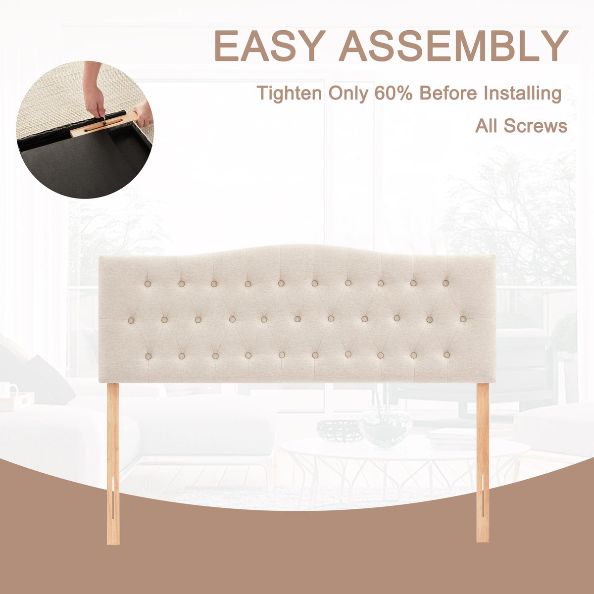Beige Queen Size Tufted Headboard T1390