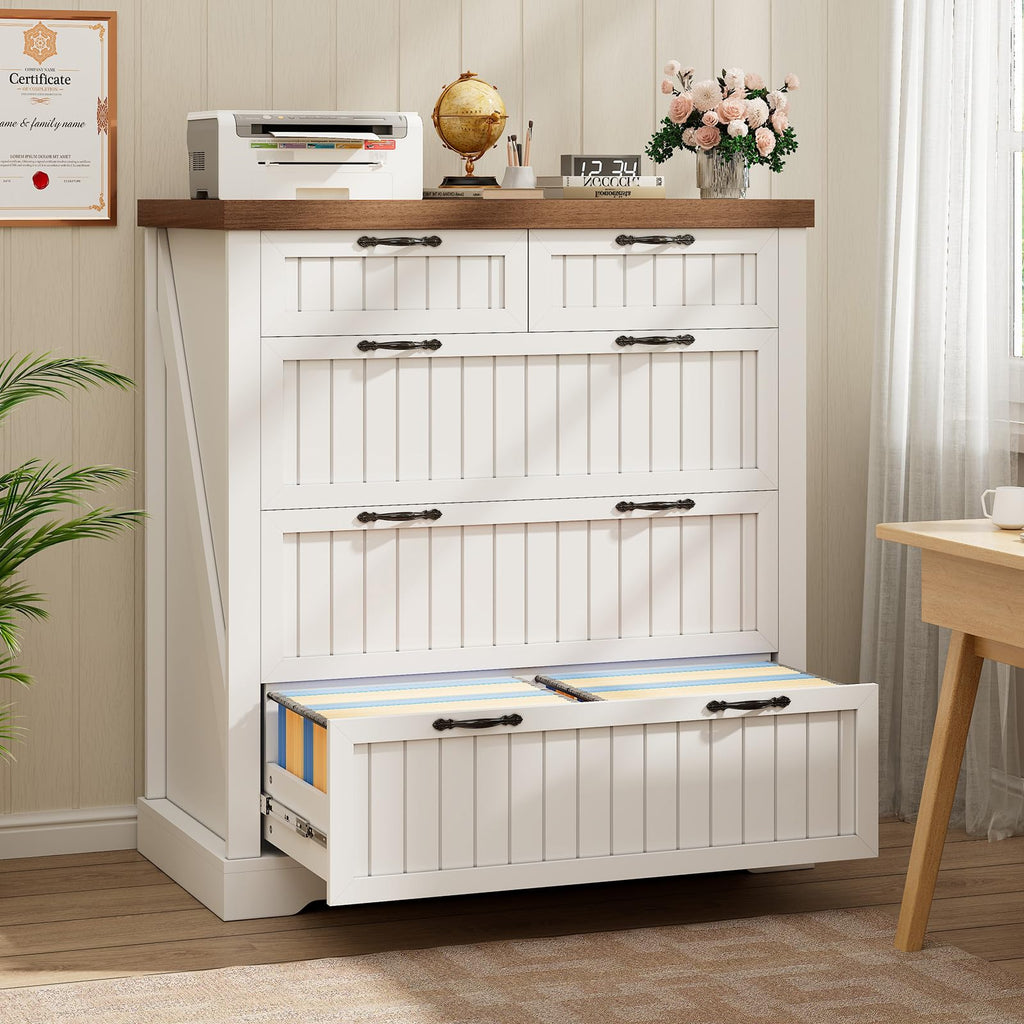 White and Brown 5 Drawer Wood File Cabinet Z506