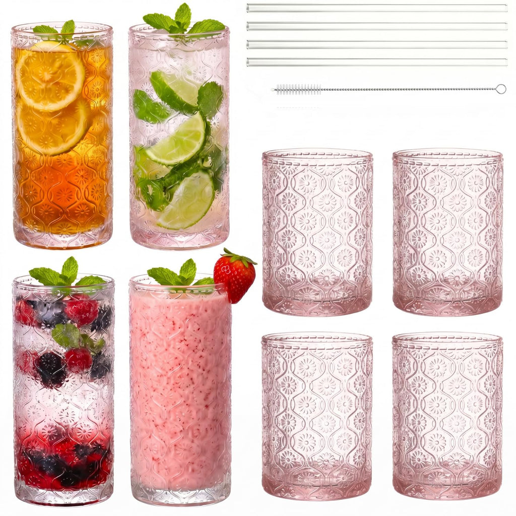 Pink Floral Embossed 12 Oz Highball & 10 Oz Cocktail Glasses Set of 8 with Straws E419797