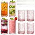 Pink Floral Embossed 12 Oz Highball & 10 Oz Cocktail Glasses Set of 8 with Straws E419797