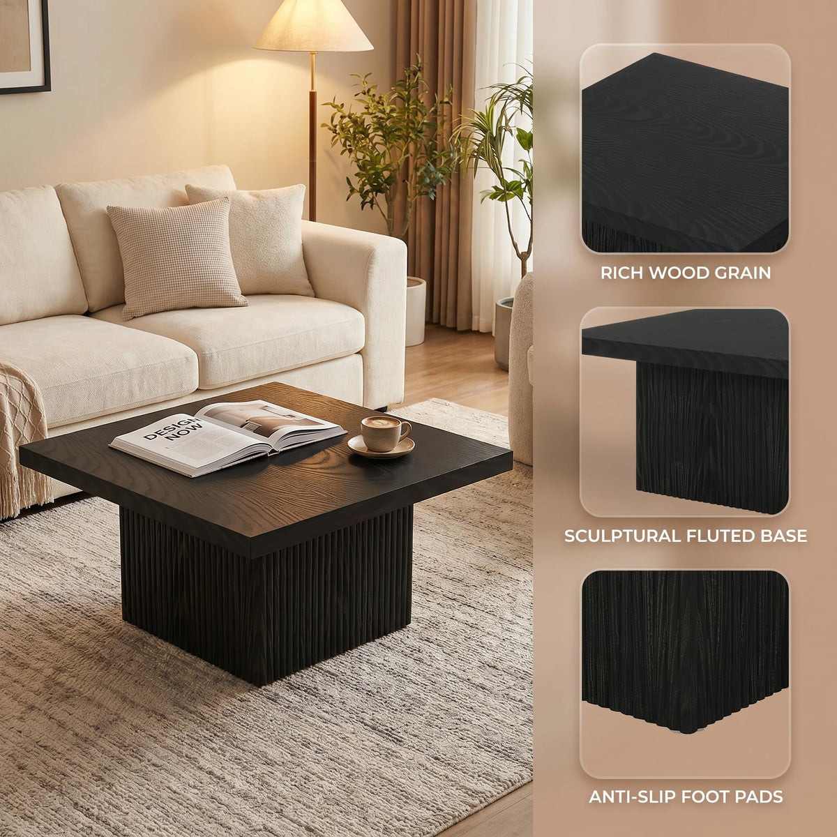 31.5" Square Fluted Wood Coffee Table Q6758