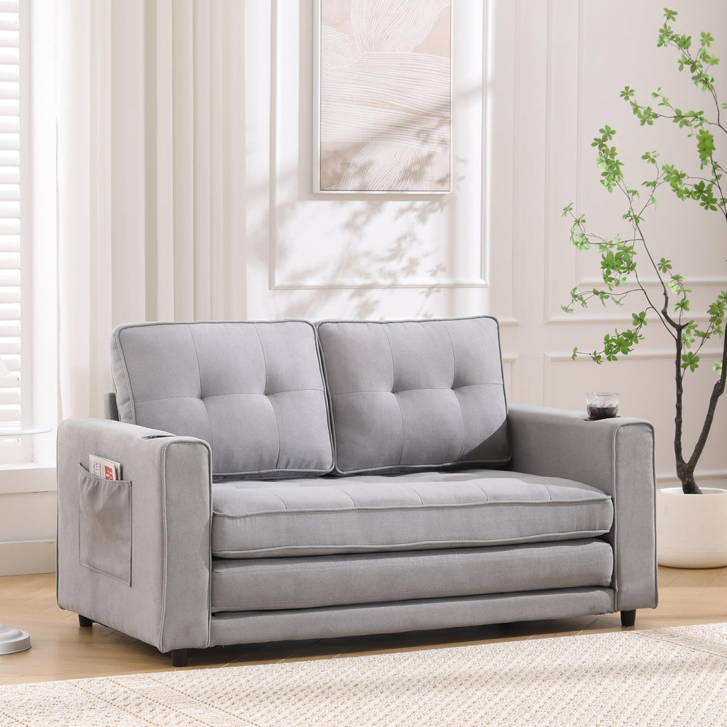 Light Gray Convertible Futon Sofa Bed with Cup Holder U3147