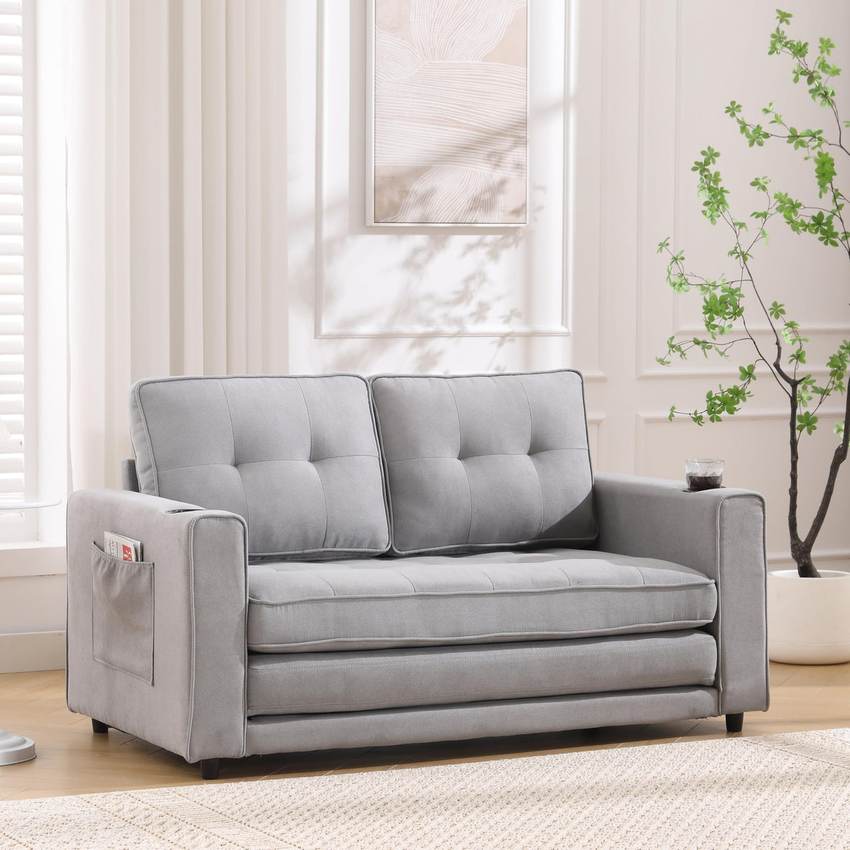 Light Gray Convertible Futon Sofa Bed with Cup Holder U3147