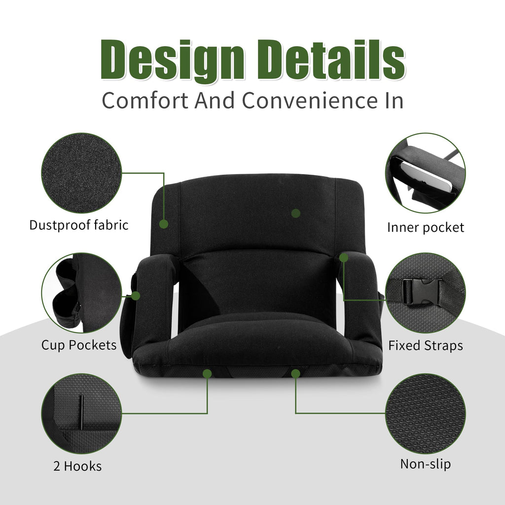 Extra Wide Folding Stadium Chairs with Back and Cushion, 6 Reclining Positions, Black V7546