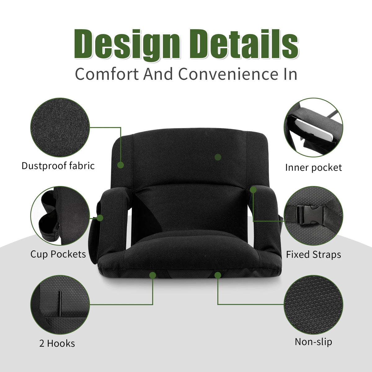 Extra Wide Folding Stadium Chairs with Back and Cushion, 6 Reclining Positions, Black V7546