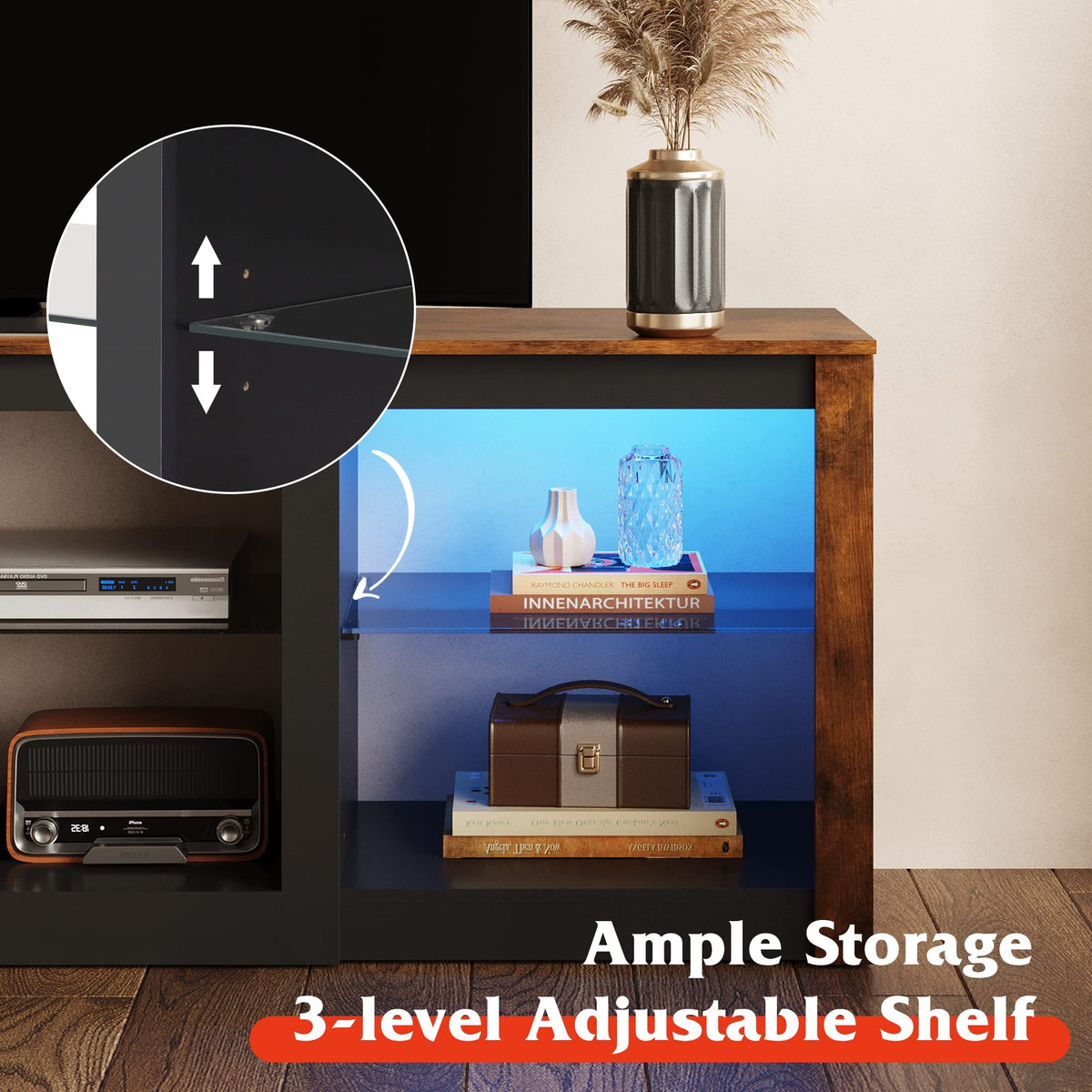 Rustic Brown 58-Inch TV Stand with Adjustable Glass Shelves H286