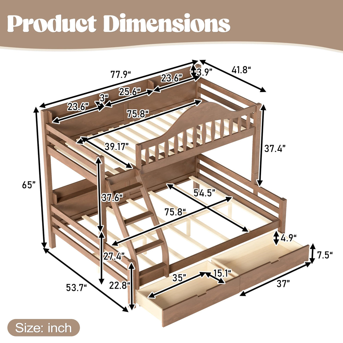 Twin Over Full Size Wooden Bunk Bed with Drawers & Ladder G13175
