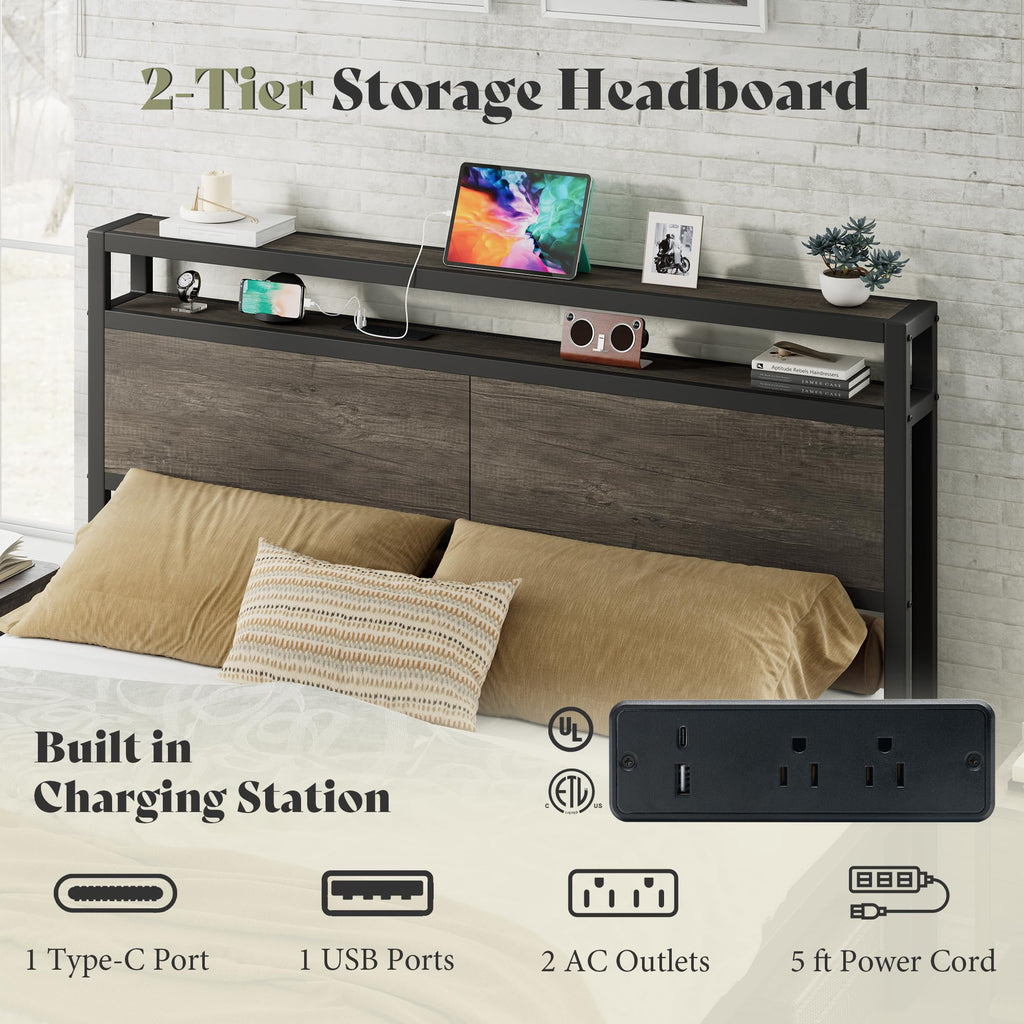 Full Size Metal Bed Frame with Charging Station K849