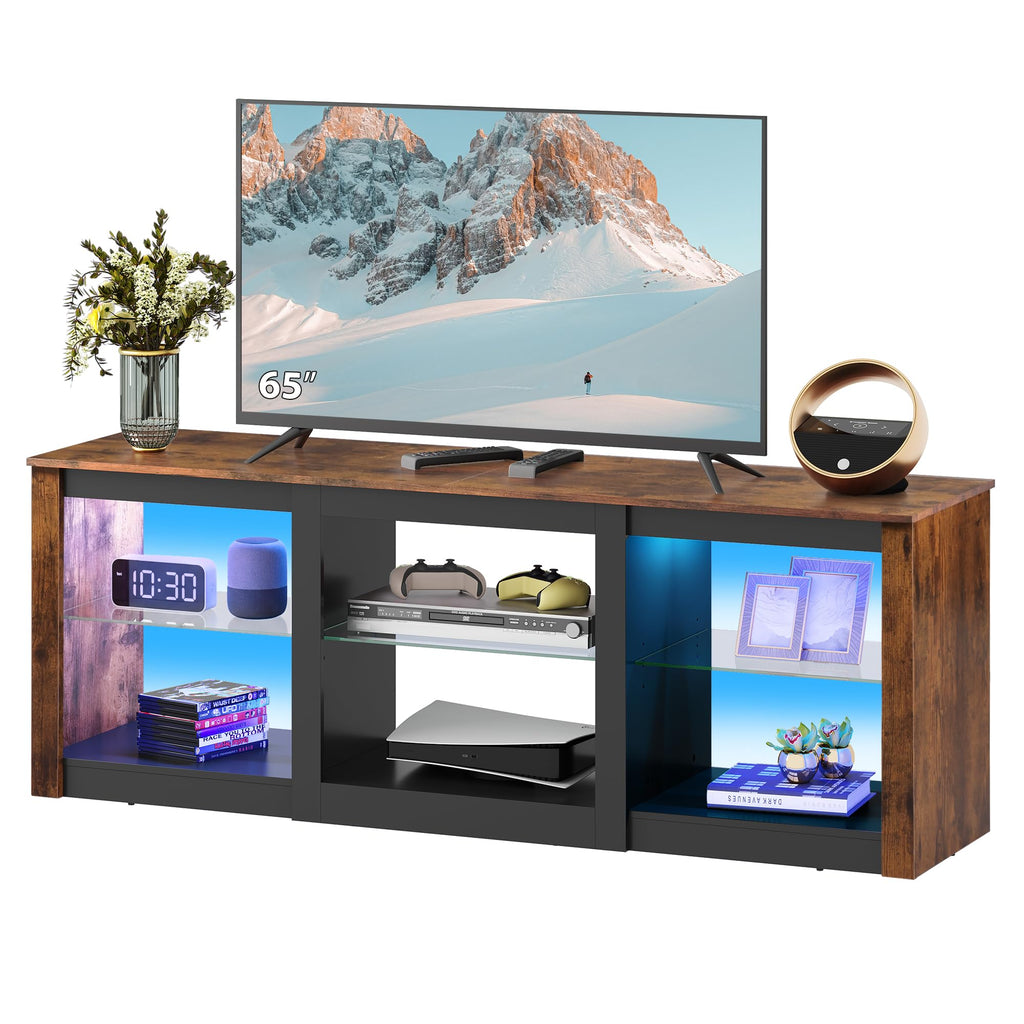 Rustic Brown 58-Inch TV Stand with Adjustable Glass Shelves H286