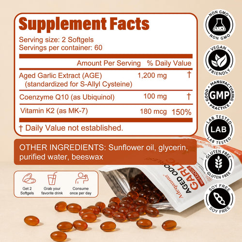 1200 mg Odorless Aged Garlic Extract Softgels with CoQ10 Ubiquinol & Vitamin K2, 120 Softgels T161