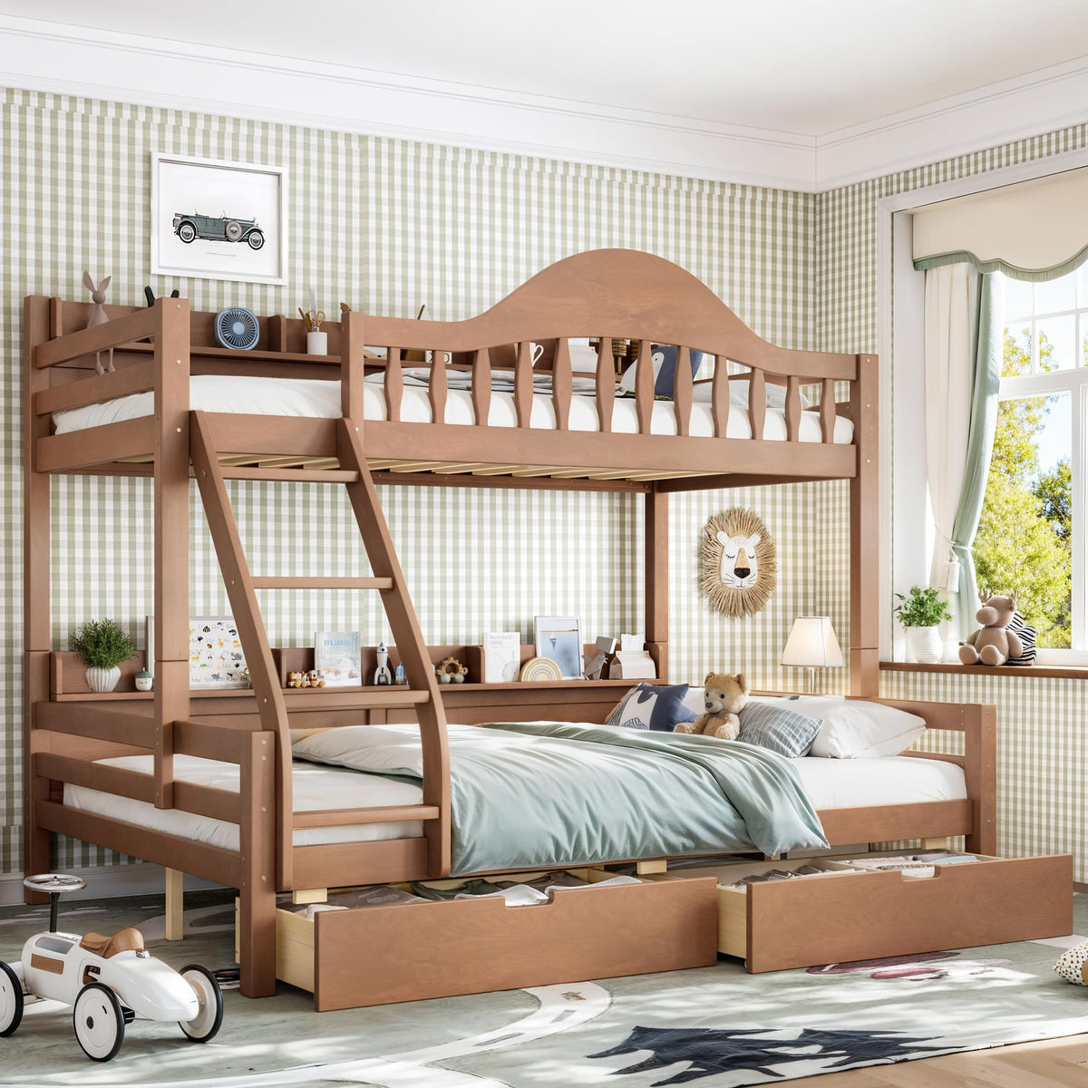 Twin Over Full Size Wooden Bunk Bed with Drawers & Ladder G13175