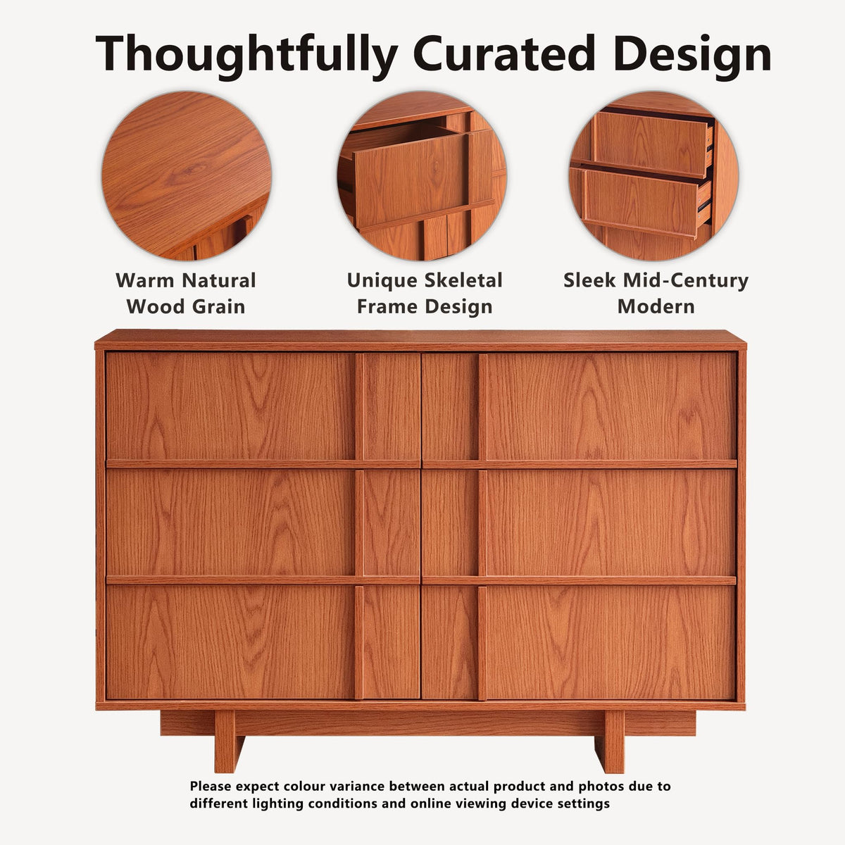 47" Wide 6 Drawer Dresser and Nightstand Set 3 Piece, Cherry N2676