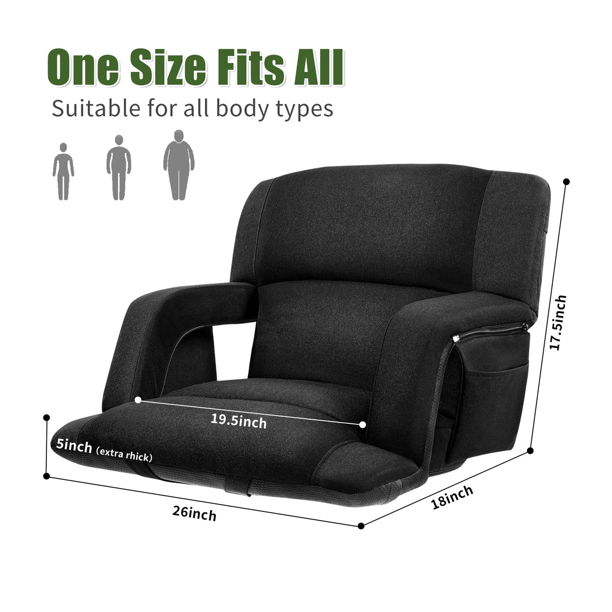 Extra Wide Folding Stadium Chairs with Back and Cushion, 6 Reclining Positions, Black V7546