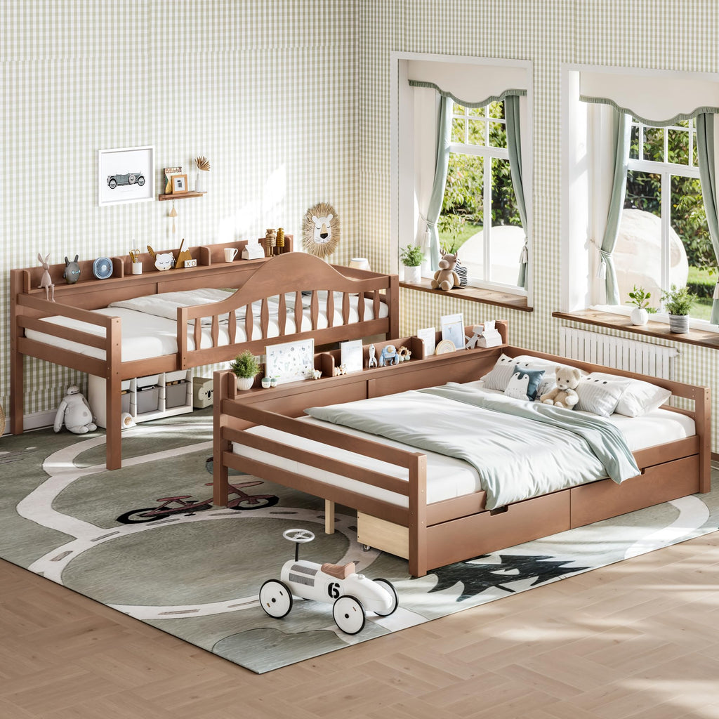 Twin Over Full Size Wooden Bunk Bed with Drawers & Ladder G13175