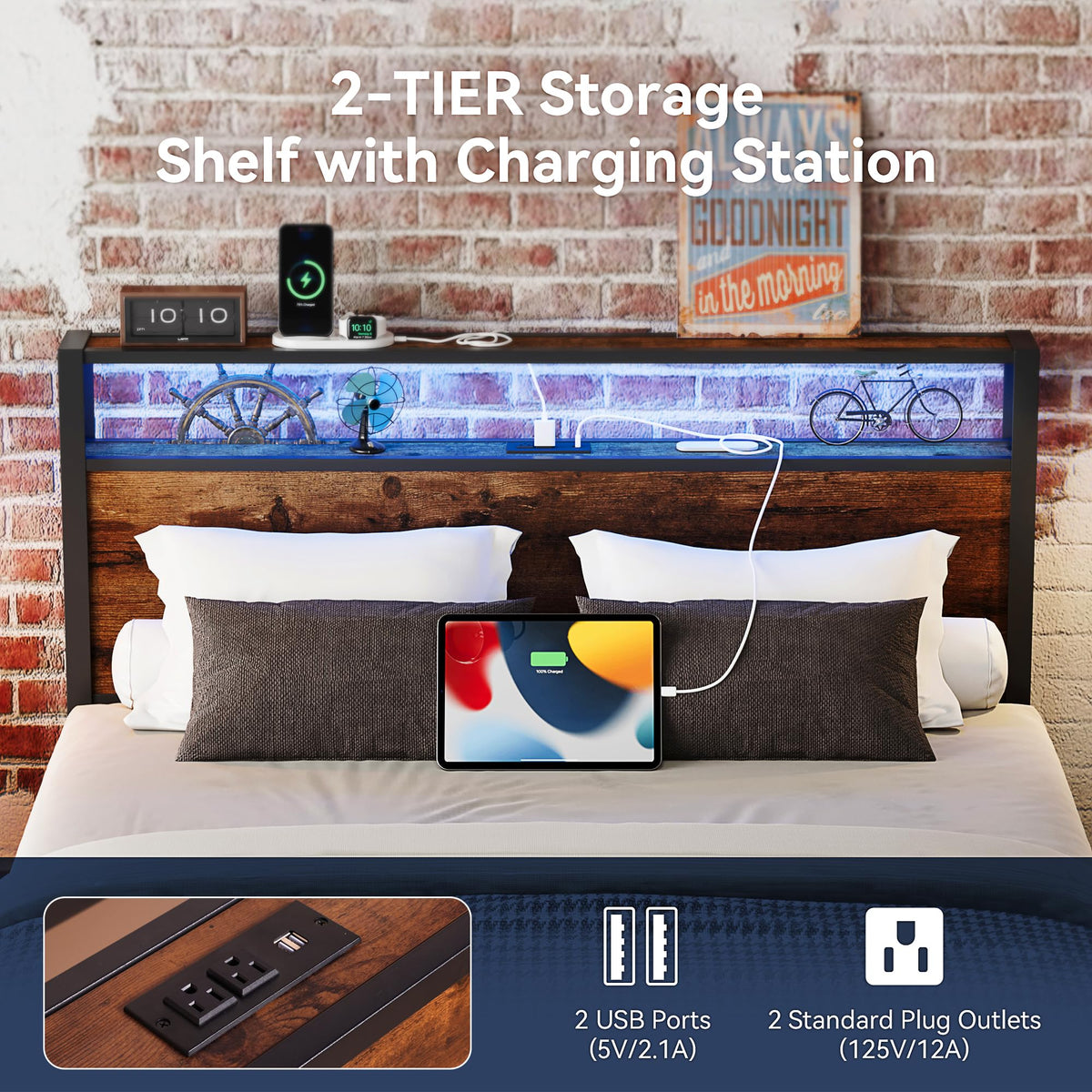 Queen Size Metal Bed Frame with Storage Headboard and Charging Station T434
