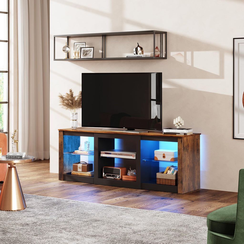 Rustic Brown 58-Inch TV Stand with Adjustable Glass Shelves H286