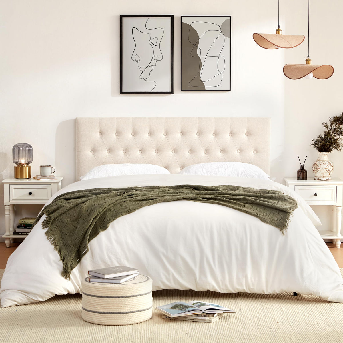 Beige Tufted Upholstered Queen Size Headboard T97813
