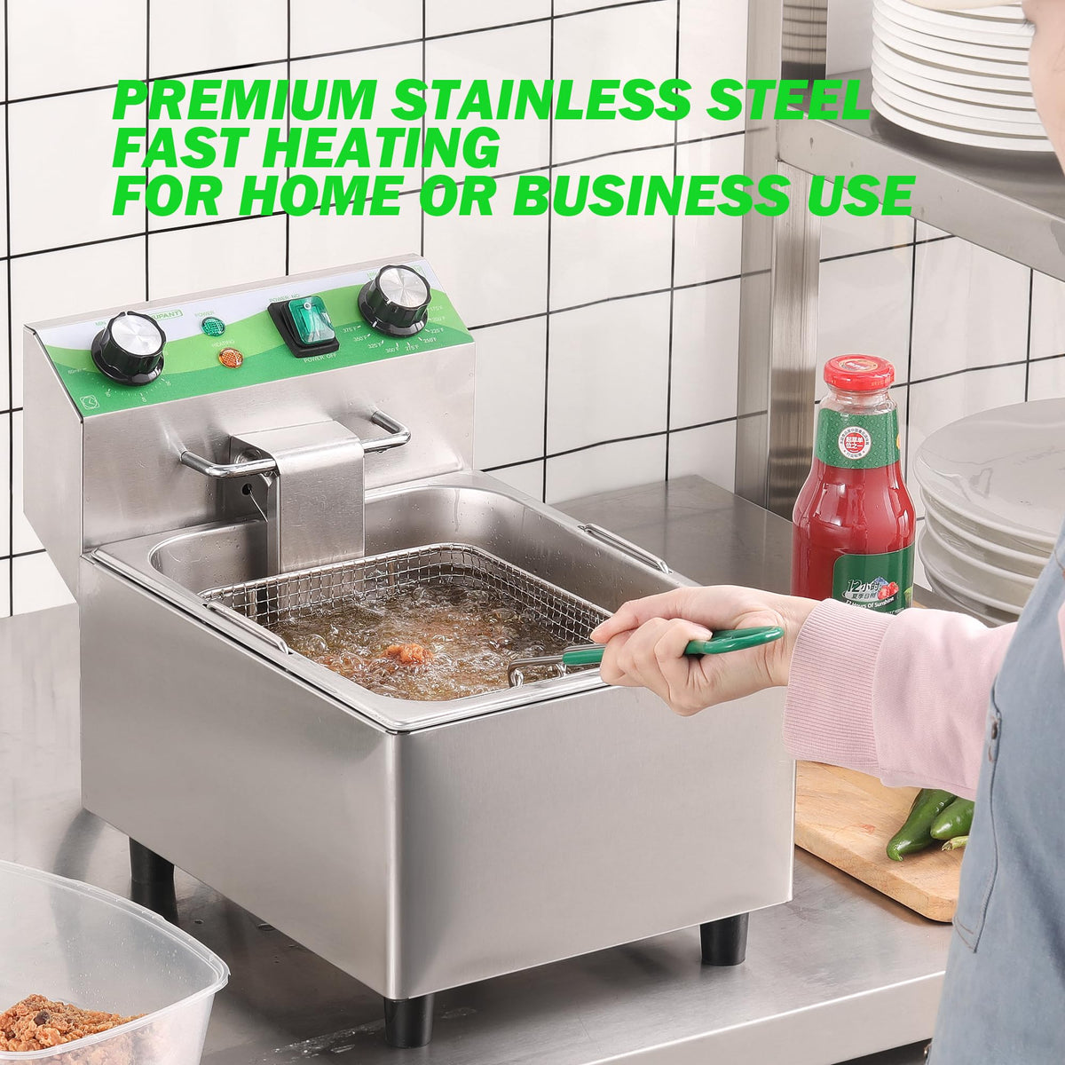Electric 10L Stainless Steel Deep Fryer with Basket and Lid S7096